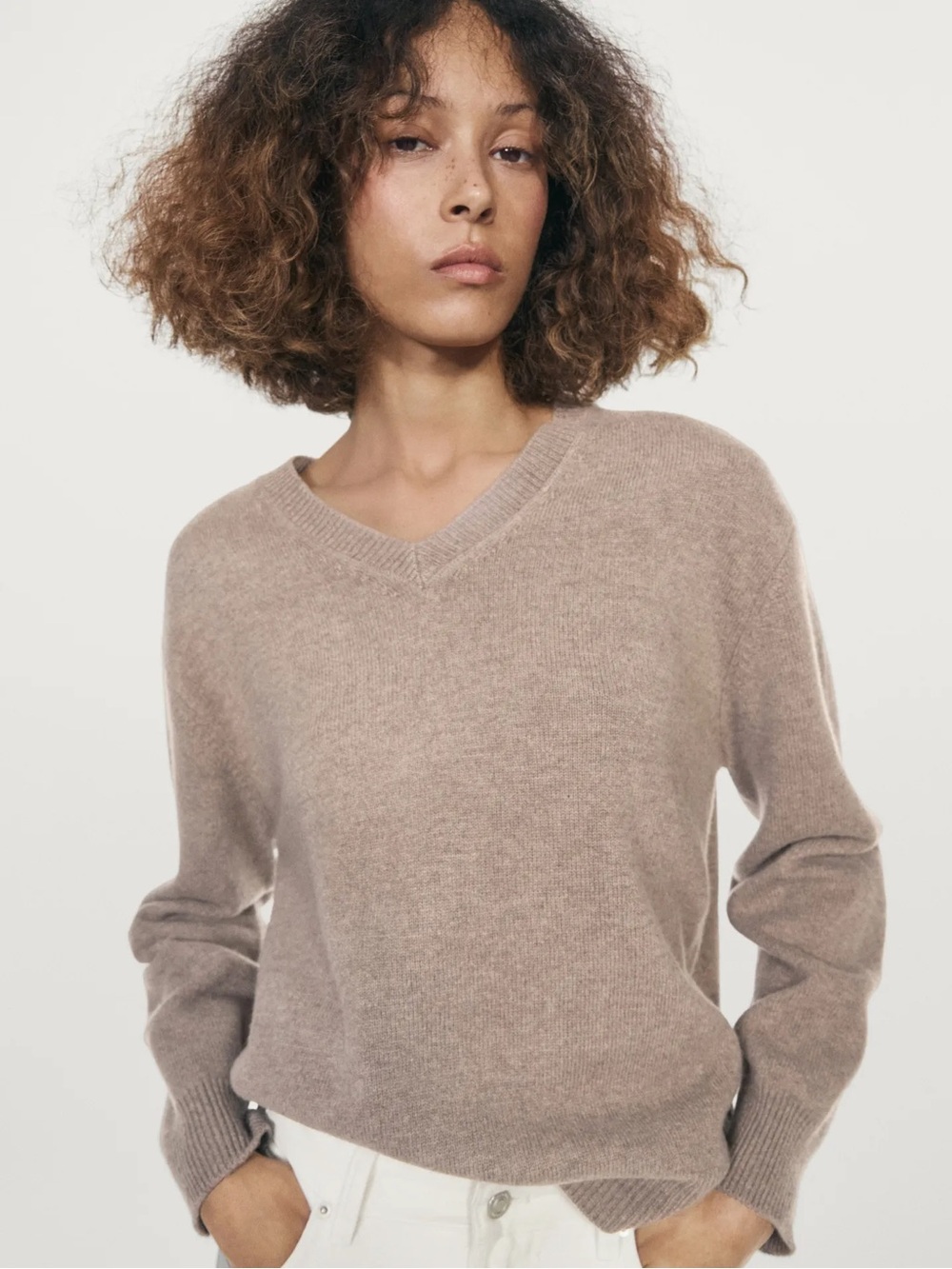 Massimo Dutti Wool Cashmere V-Neck Lightweight Knit Sweater in Taupe